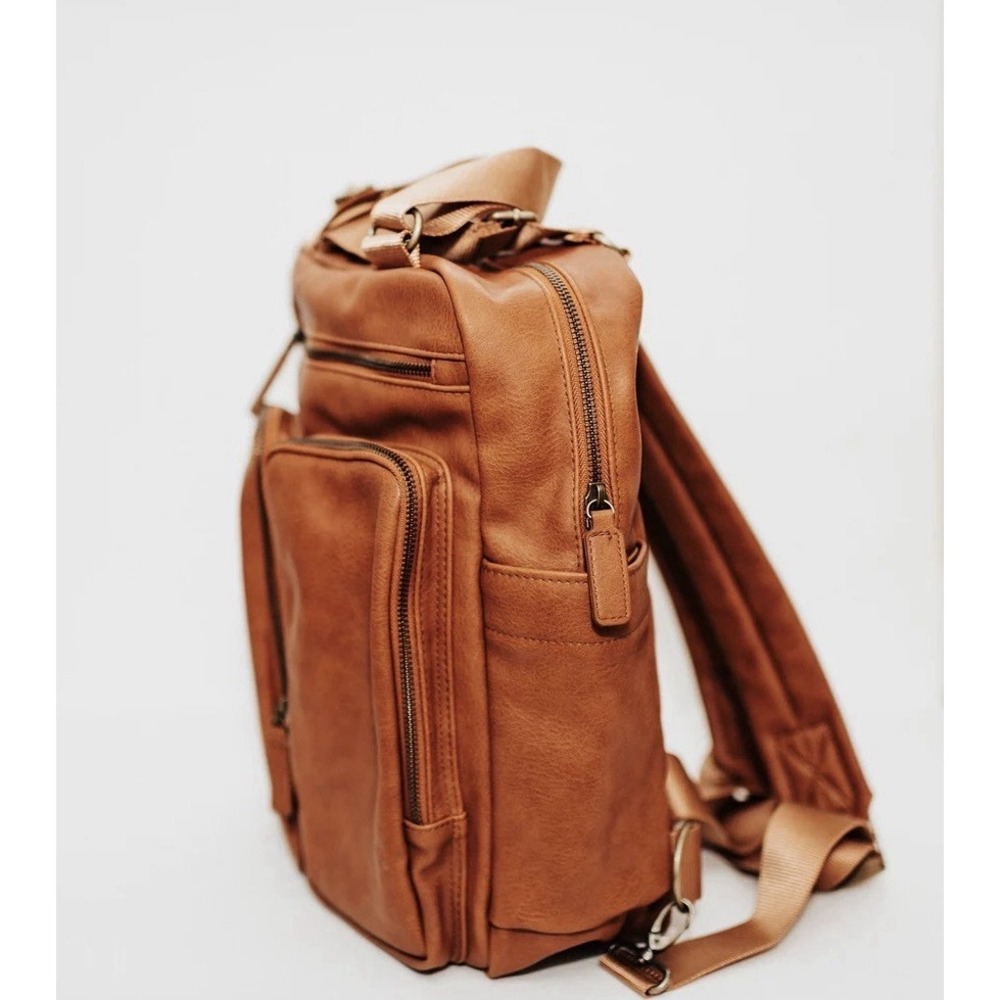 Kanga Pack Classic Camel Brown Vegan Leather Diaper Bag Backpack Convertible - Picture 6 of 11